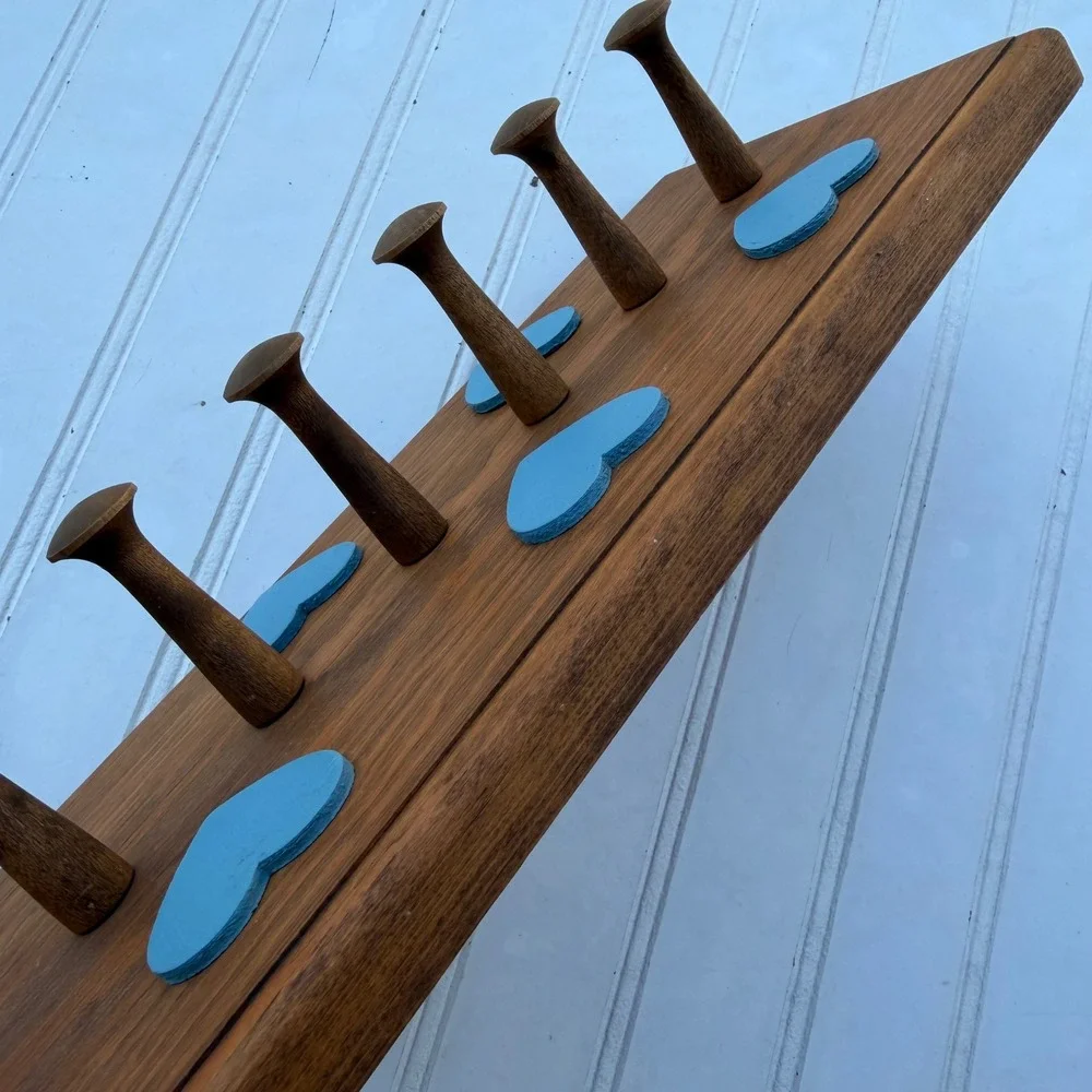Vintage Handmade Wooden Wall Rack 6 Pegs Blue Hearts Country Farmhouse Decor